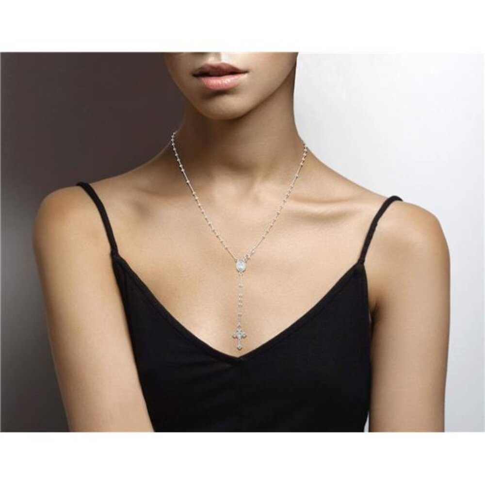 925 Sterling Silver Italian Rosary Bead Cross Y Necklace Chain for Women - Picture 2 of 4